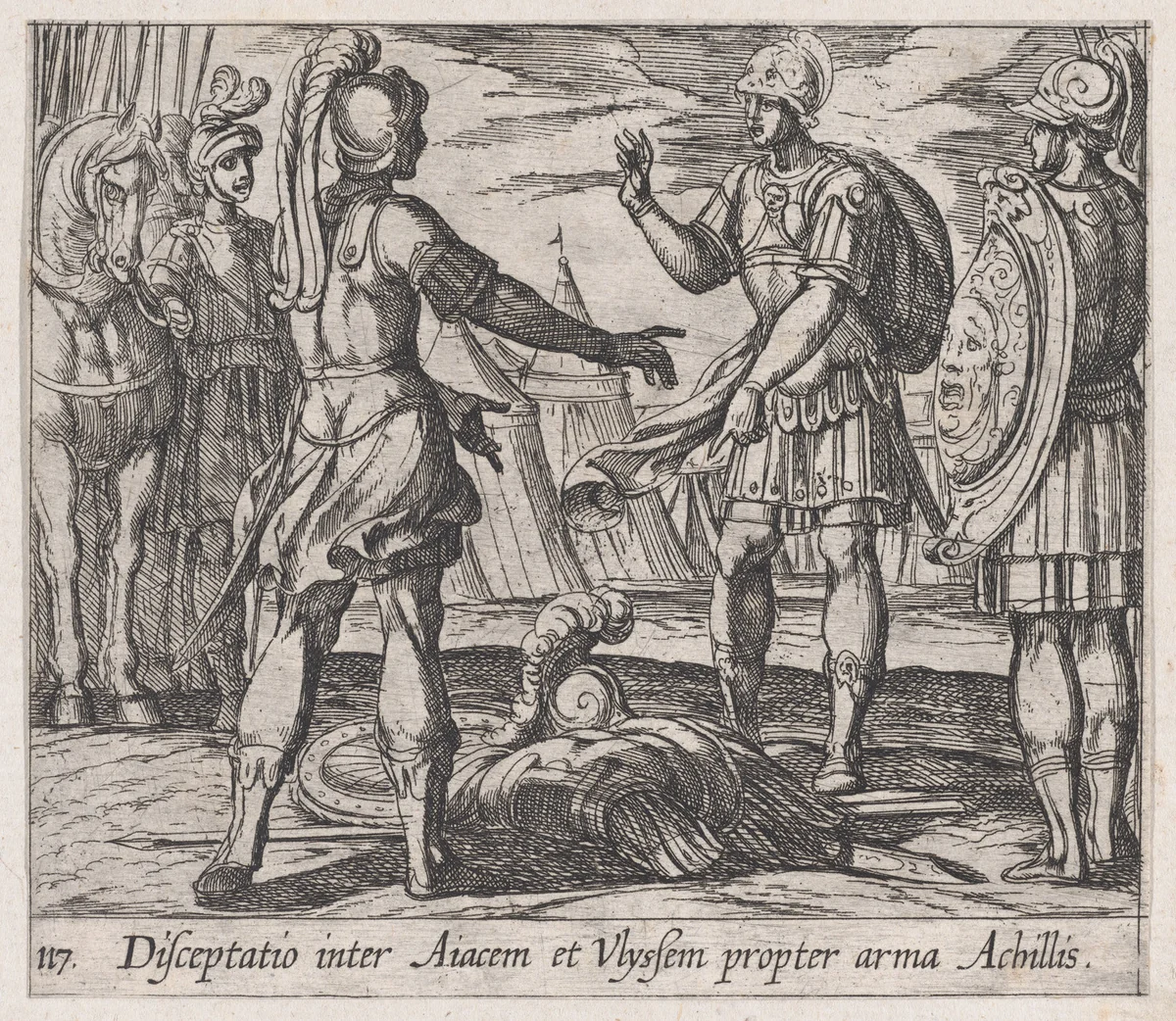 Plate 117: The Dispute over Achilles' Armor (Disceptatio inter Aiacem et Ulyssem propter arma Achillis), from Ovid's 'Metamorphoses' by Antonio Tempesta, print, 1606