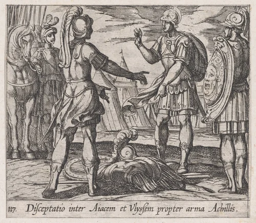Plate 117: The Dispute over Achilles' Armor (Disceptatio inter Aiacem et Ulyssem propter arma Achillis), from Ovid's 'Metamorphoses' by Antonio Tempesta, print, 1606