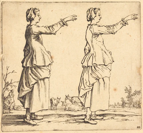 Peasant Woman, in Profile, Facing Right, with Arm Extended by Jacques Callot, print, 1621-1624