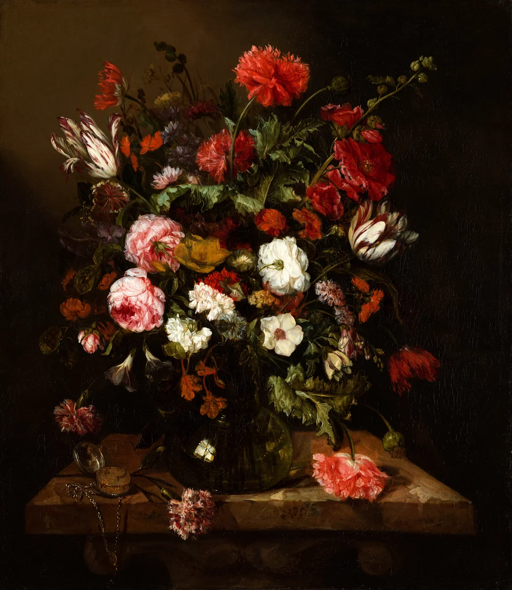 Flower Still Life with a Timepiece by Abraham van Beyeren, painting, 1663