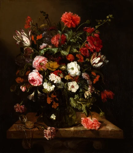 Flower Still Life with a Timepiece by Abraham van Beyeren, painting, 1663