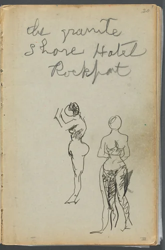 Sketchbook- The Granite Shore Hotel, Rockport, page 001: Female Nudes with Notes by Maurice Prendergast, book, 1905-1910