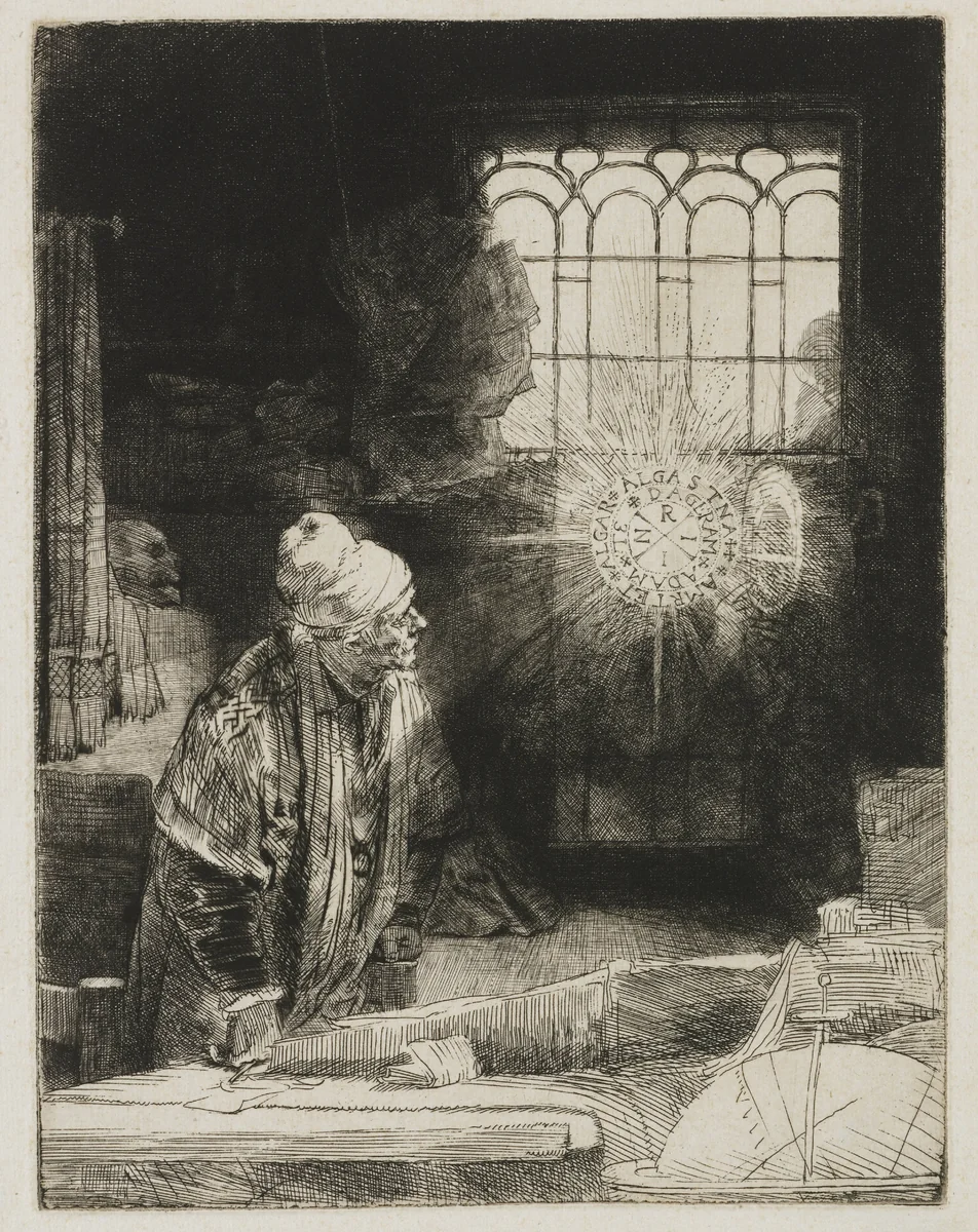 A scholar in his study by Rembrandt van Rijn, print, 1652