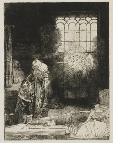A scholar in his study by Rembrandt van Rijn, print, 1652