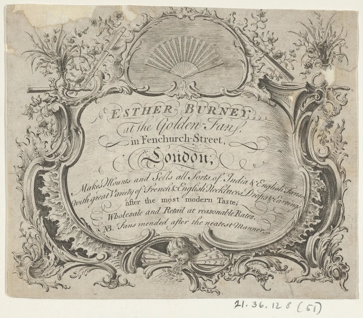Trade card of Esther Burney, fan-maker by anonymous, print, 1744-1756