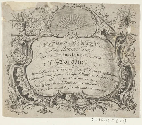 Trade card of Esther Burney, fan-maker by anonymous, print, 1744-1756