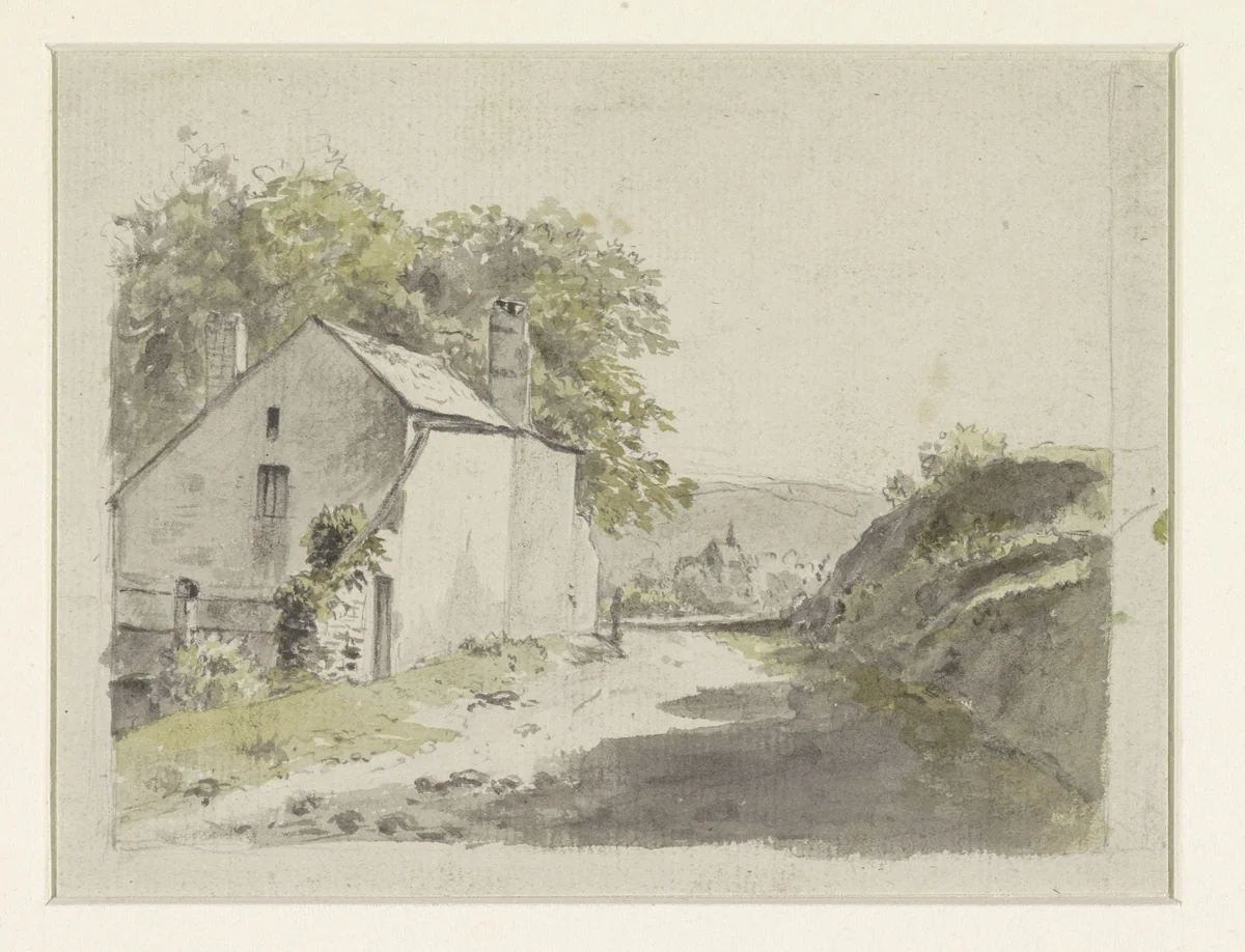Landschap met huis aan weg by Hendrik Jozef Franciscus van der Poorten, drawing, 1799-1814
