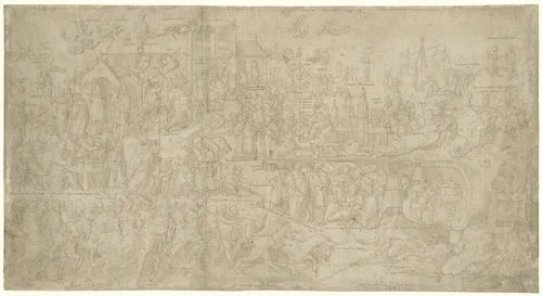 Satire op het machtsmisbruik van de rooms-katholieke geestelijkheid by Bernard van Orley, drawing, 1527-1541