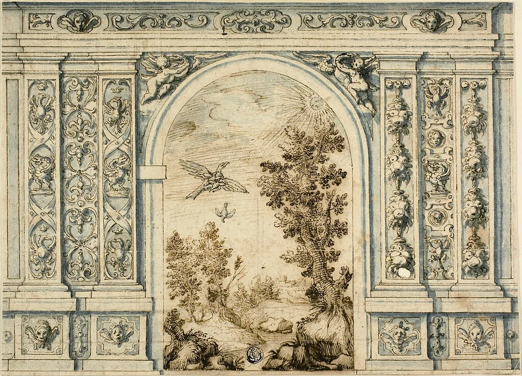 Ornamental Wall with Landscape by Unknown Artist, drawing, 1600-1699