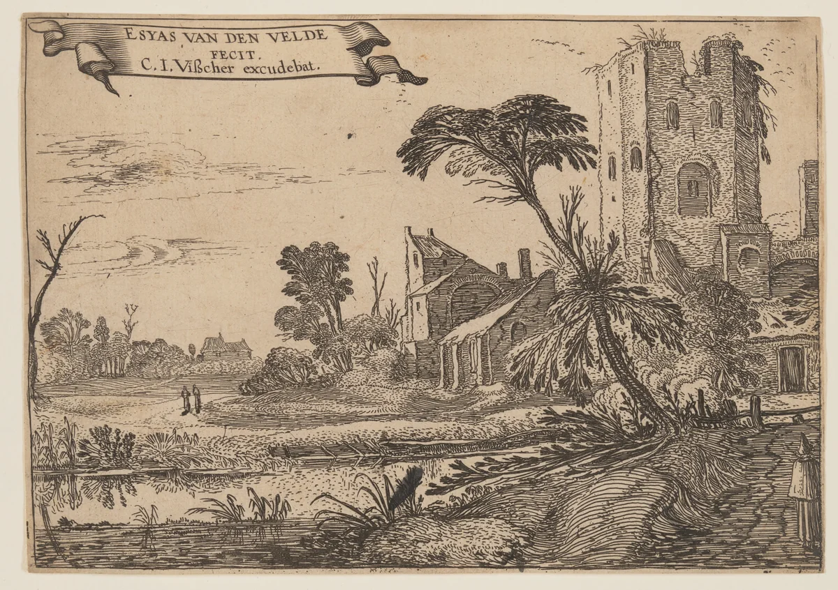Two Monks on a Path by Esaias van de Velde, print, 1610-1630