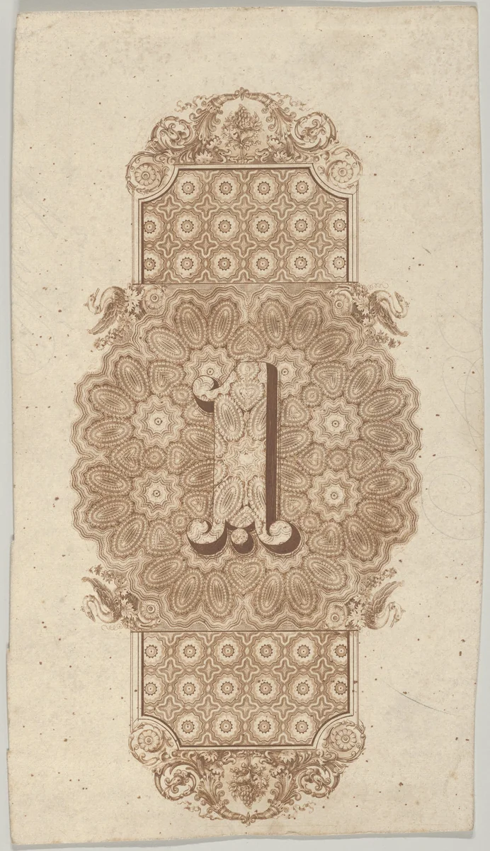Banknote motif: ornamental number 1 against a panel of lathe work elements, adjoining a band of mosaic style ornament, its ends adorned with leaves, flowers, grapes and ribbons by Cyrus Durand, print, 1819-1847