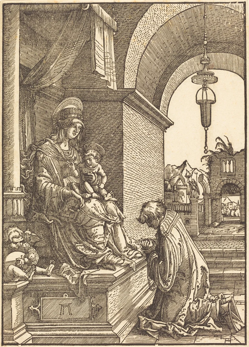A Cleric Kneeling before the Virgin and the Christ Child by Albrecht Altdorfer, print, 1519