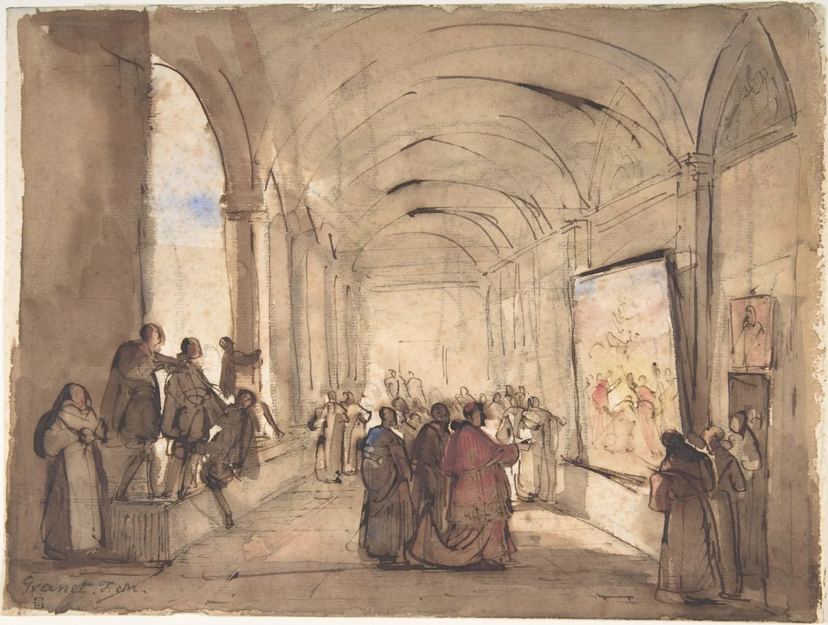 A Cardinal Examining a Painting in a Cloister by François Marius Granet, drawing, 1800-1849
