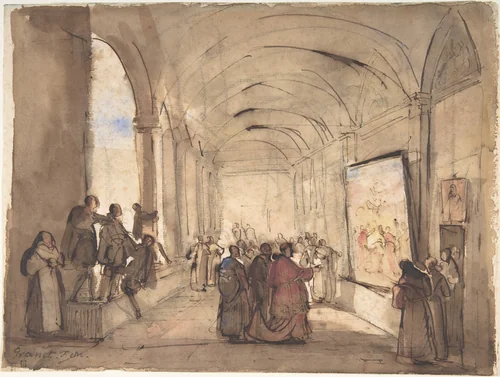 A Cardinal Examining a Painting in a Cloister by François Marius Granet, drawing, 1800-1849