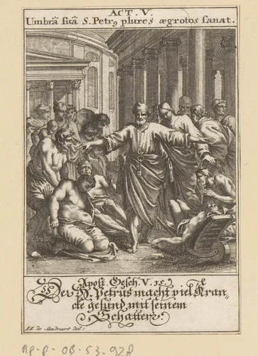 Apostel Petrus geneest zieken door middel van zijn schaduw by anonymous, print, 1697