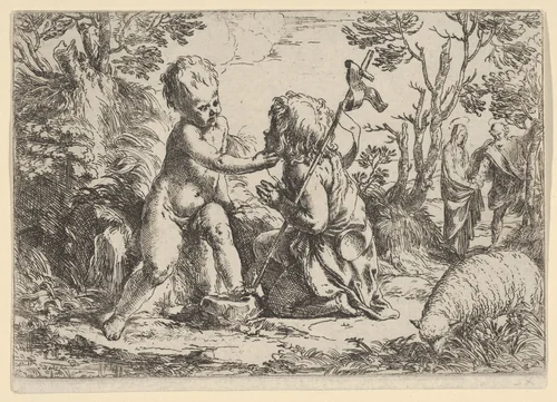 Young Saint John the Baptist kneeling before the infant Christ who caresses his face, the Virgin and Joseph in the background at right by Guido Reni, print, 1595-1645