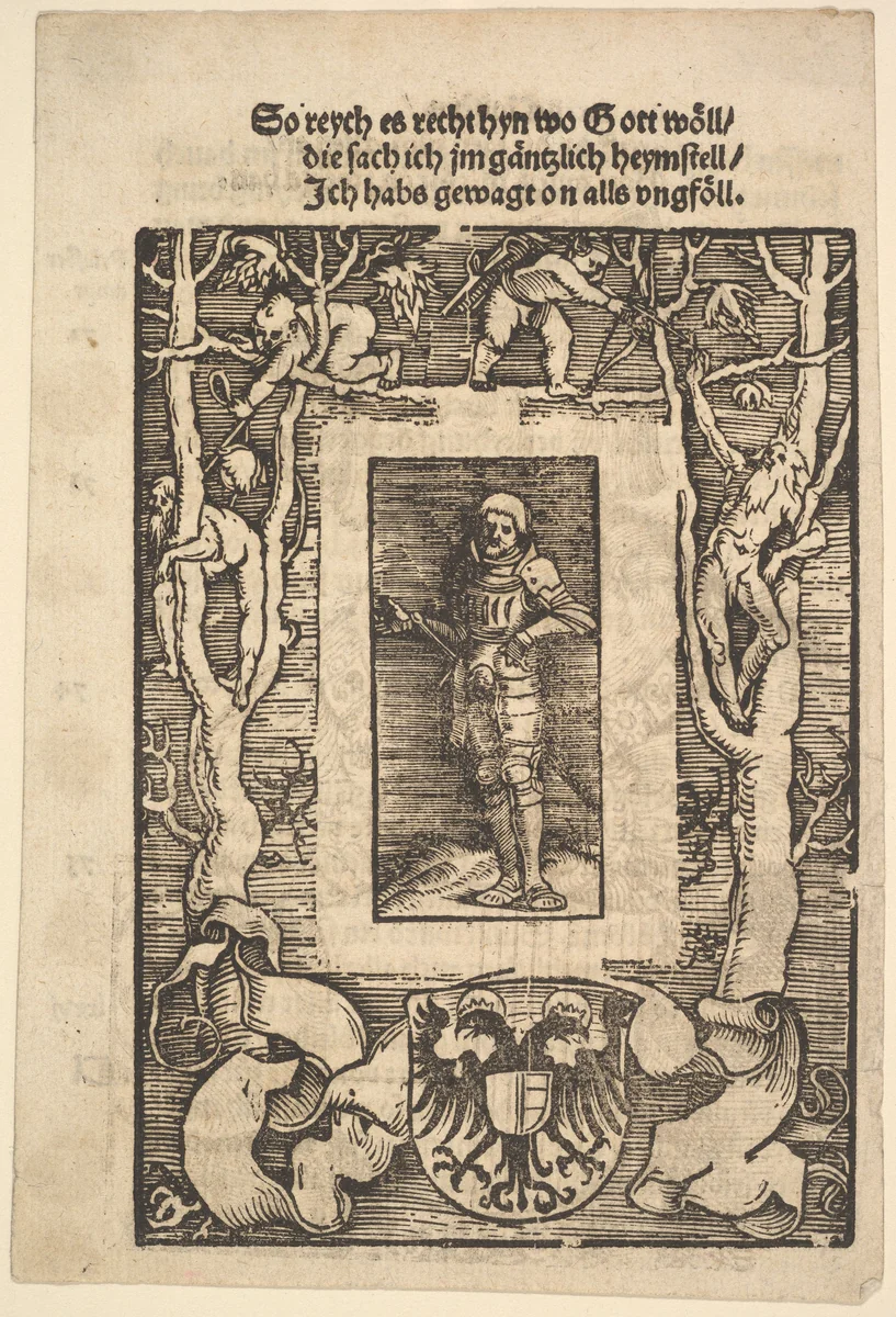 Title Border with Man in Armor in Center by Hans Baldung, print, 1513