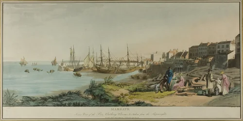 Margate, Inner View of the Pier, Bathing Rooms, and taken from the Shipwrights by John Raphael Smith, print, 1805
