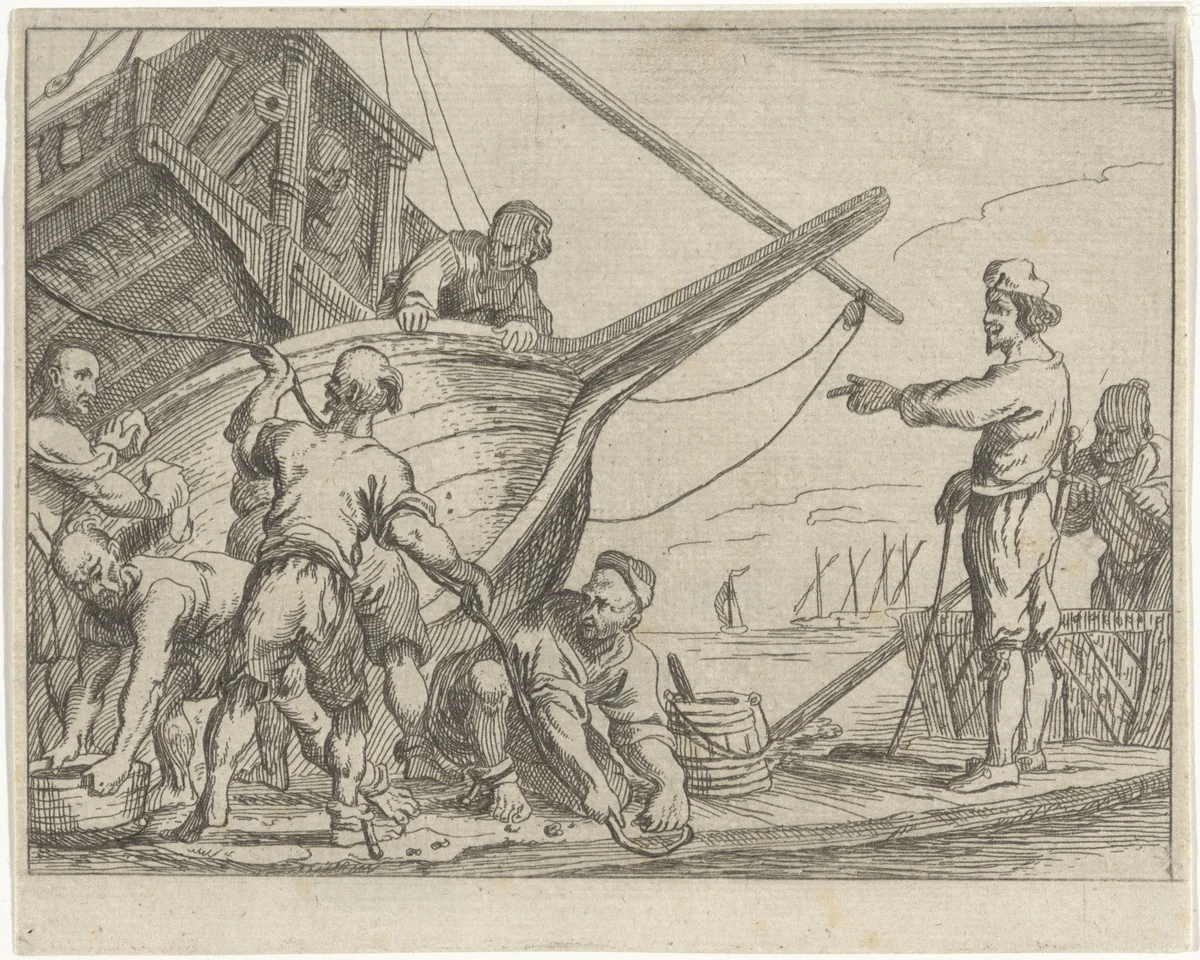 Islamitische galeislaven maken een galei klaar voor droogdok by M. Schaep, print, 1649