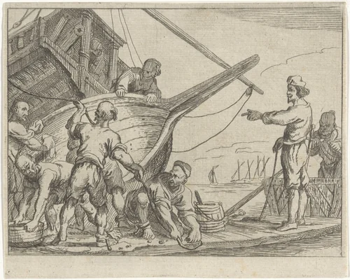 Islamitische galeislaven maken een galei klaar voor droogdok by M. Schaep, print, 1649