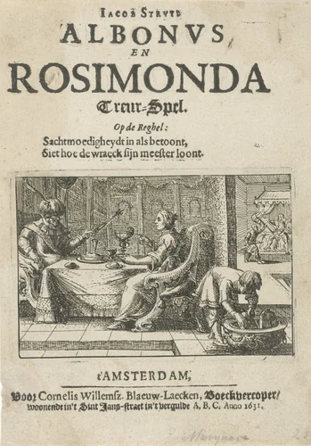 Albonus en Rosimonda by Claes Moeyaert, print, 1612-1655