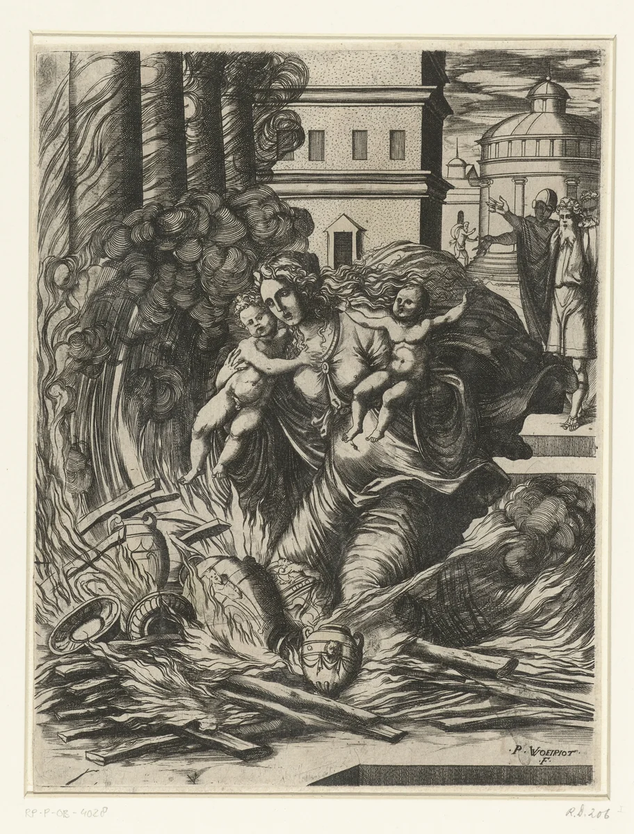De vrouw van Asdrubal stort zich in de brandende tempel by Unknown, print, 1542-1596