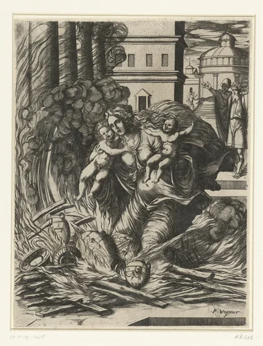 De vrouw van Asdrubal stort zich in de brandende tempel by Unknown, print, 1542-1596