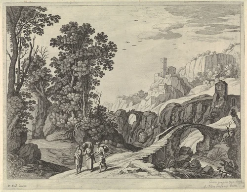 Landschap met de Emmaüsgangers by anonymous, print, 1594-1685