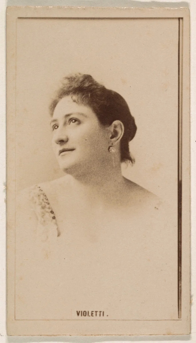 Miss Violetti, from the Actresses series (N245) issued by Kinney Brothers to promote Sweet Caporal Cigarettes by Kinney Brothers Tobacco Company, photograph, 1890