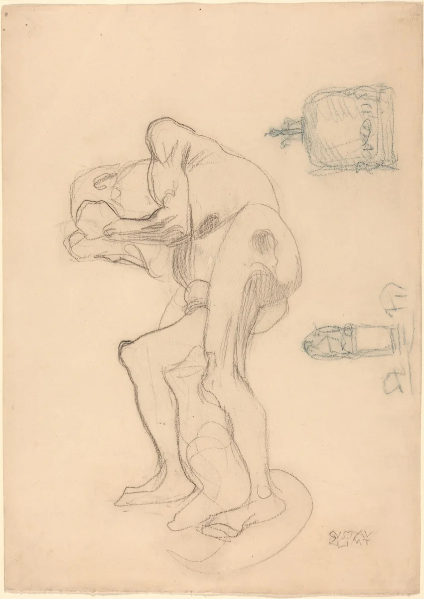 Study of a Nude Old Woman Clenching Her Fists, and Two Decorative Objects by Gustav Klimt, drawing, 1901