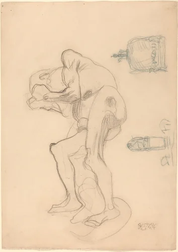 Study of a Nude Old Woman Clenching Her Fists, and Two Decorative Objects by Gustav Klimt, drawing, 1901