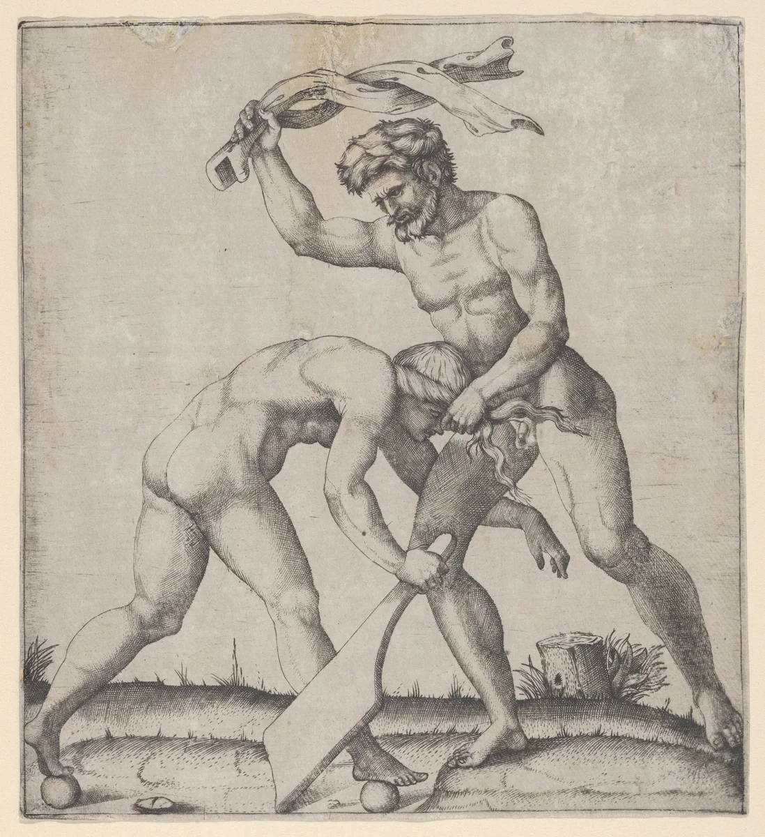 A naked man holding Fortune by the hair and whipping her by Marcantonio Raimondi, print, 1505-1515