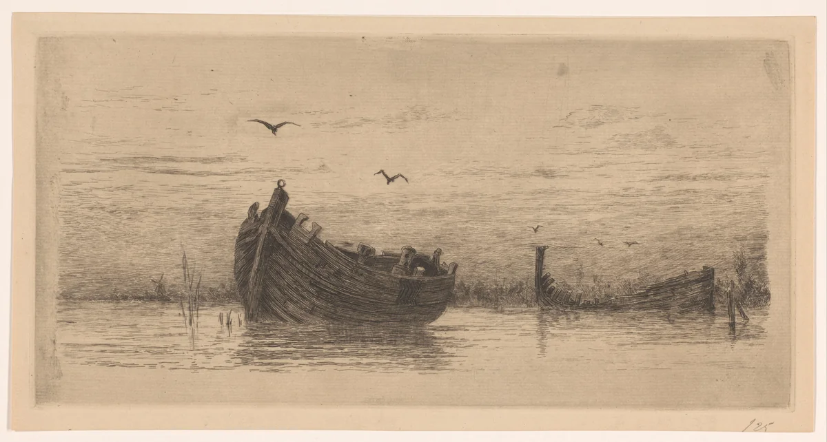 Wrakken van boten in de Biesbosch by Carel Nicolaas Storm van 's-Gravesande, print, 1880
