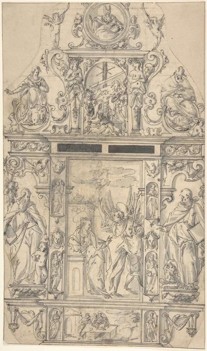 Design for a Tabernacle with the Annunciation by anonymous, drawing, 1600-1700