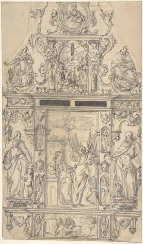 Design for a Tabernacle with the Annunciation by anonymous, drawing, 1600-1700