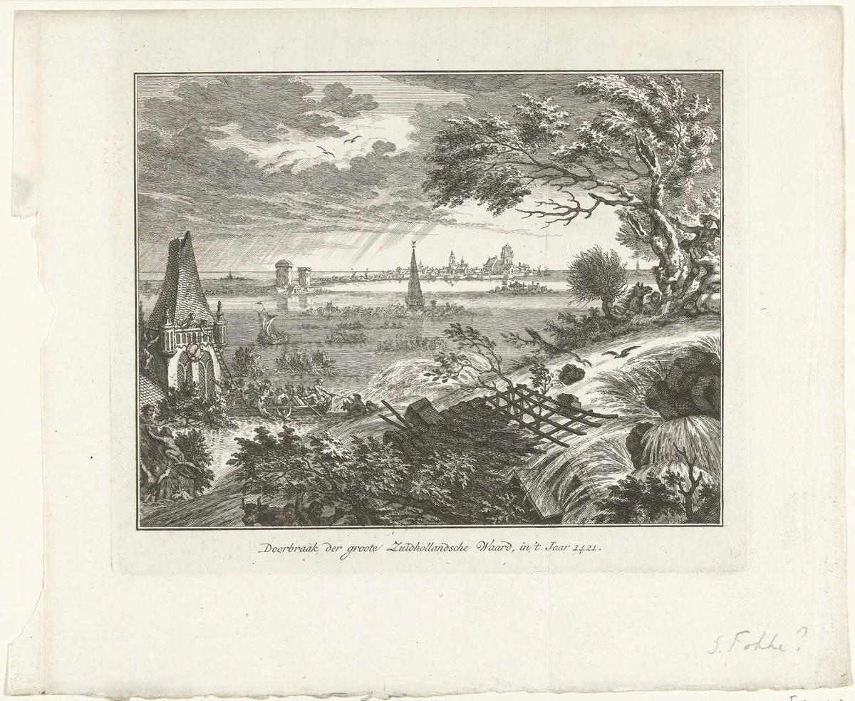 Sint Elisabethsvloed, 1421 by Simon Fokke, print, 1750-1783