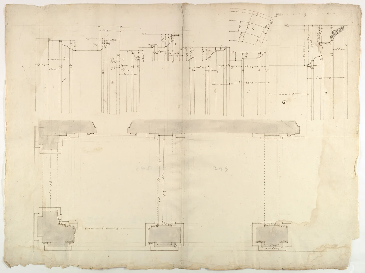 S. Maria in Domnica, portico, plan; details, profile (recto) blank (verso) by anonymous, drawing, 1500-1560