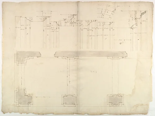 S. Maria in Domnica, portico, plan; details, profile (recto) blank (verso) by anonymous, drawing, 1500-1560