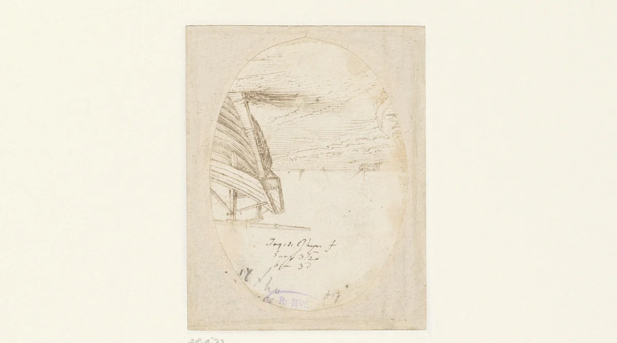 Achtersteven van een gestrande vissersboot by Jacques de Gheyn, drawing, 1600-1605