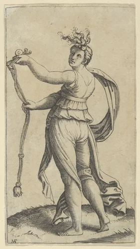 A woman representing Temperance holding a bit facing left by Marcantonio Raimondi, print, 1505-1515