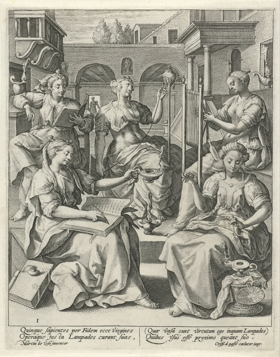 De vijf wijze maagden by Unknown, print, 1589-1611