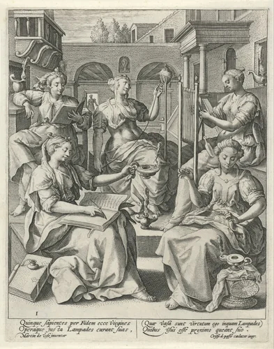De vijf wijze maagden by Unknown, print, 1589-1611