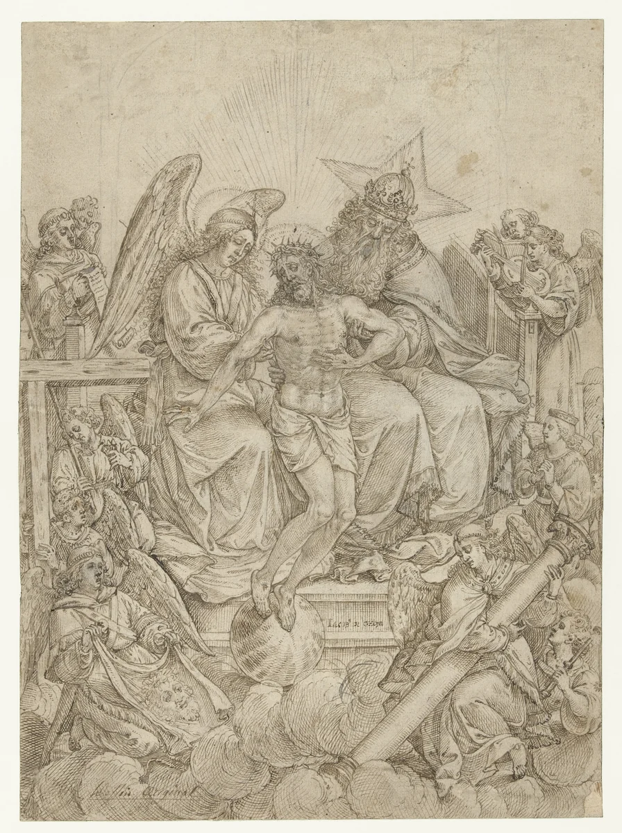 Genadestoel omringd door engelen by Jacques de Gheyn, drawing, 1578-1583