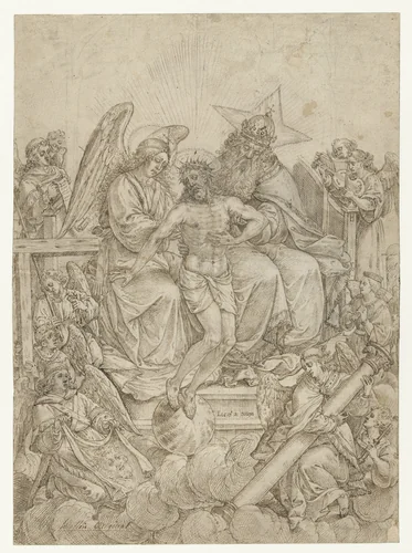 Genadestoel omringd door engelen by Jacques de Gheyn, drawing, 1578-1583