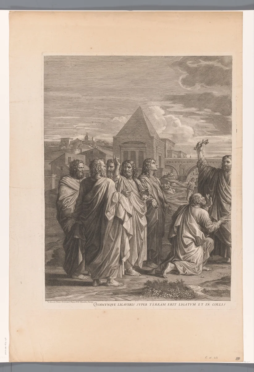 Christus overhandigt de sleutels aan Petrus (linker deel) by Jean Pesne, print, 1680-1694