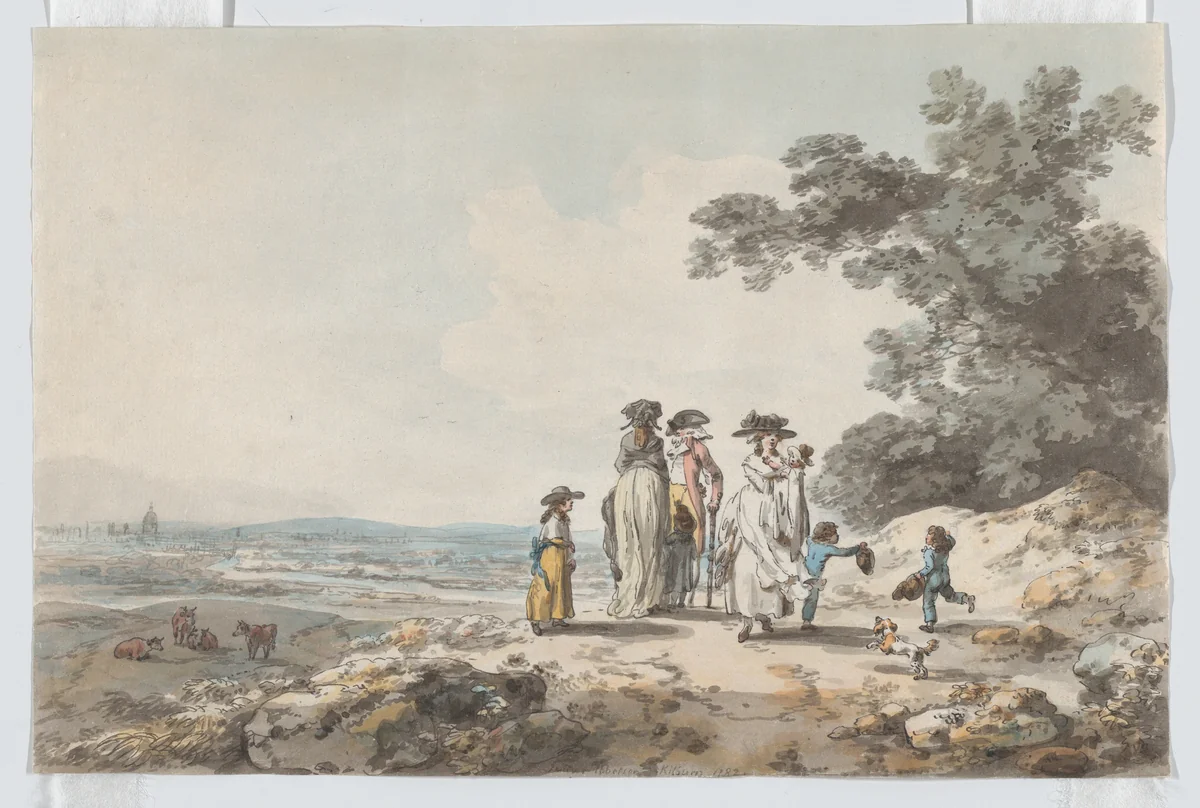 View of London with St. Paul’s in the distance: a family pausing on a road by Julius Caesar Ibbetson, drawing, 1787