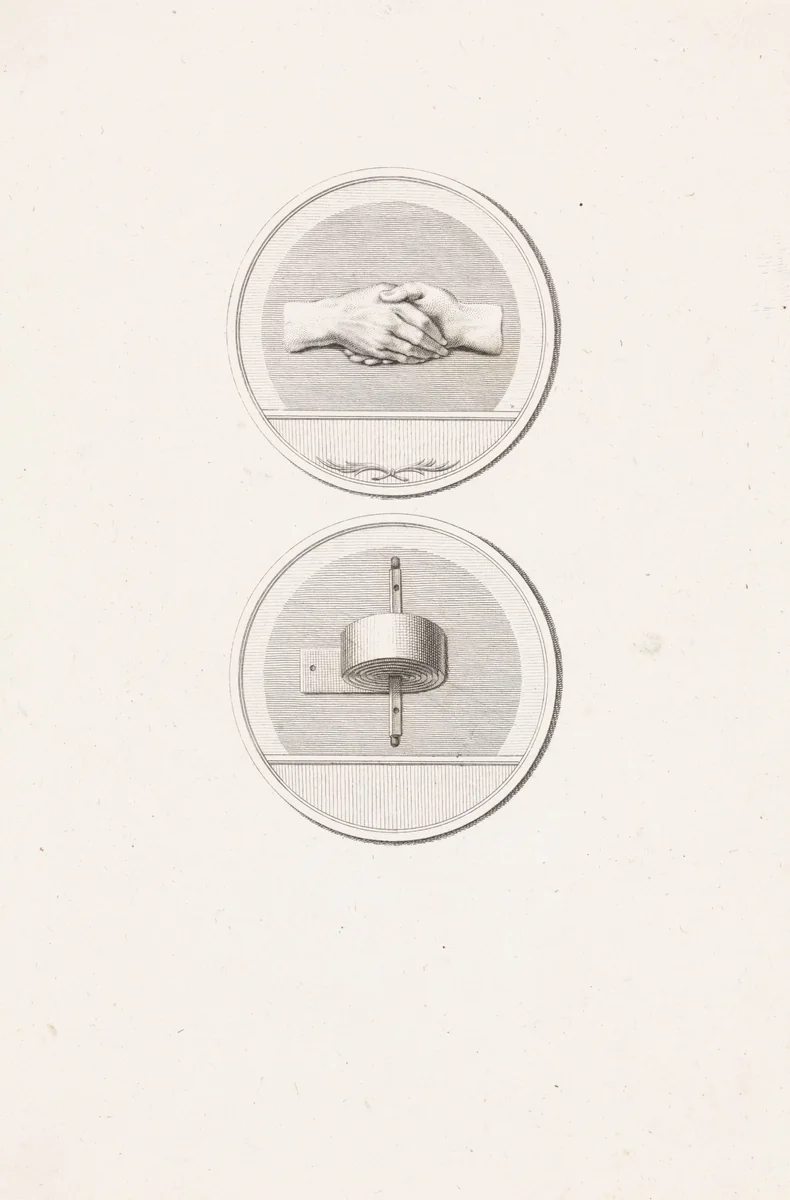 Penning met twee handen en een opgerolde band by Reinier Vinkeles, print, 1751-1816