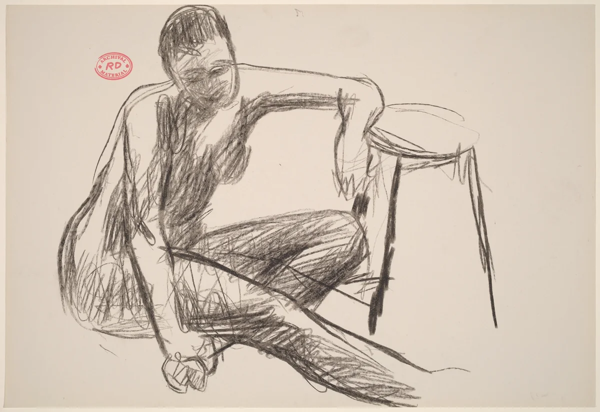 Untitled [seated female nude resting her left arm on a stool] by Richard Diebenkorn, drawing, 1955-1967