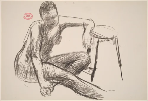 Untitled [seated female nude resting her left arm on a stool] by Richard Diebenkorn, drawing, 1955-1967