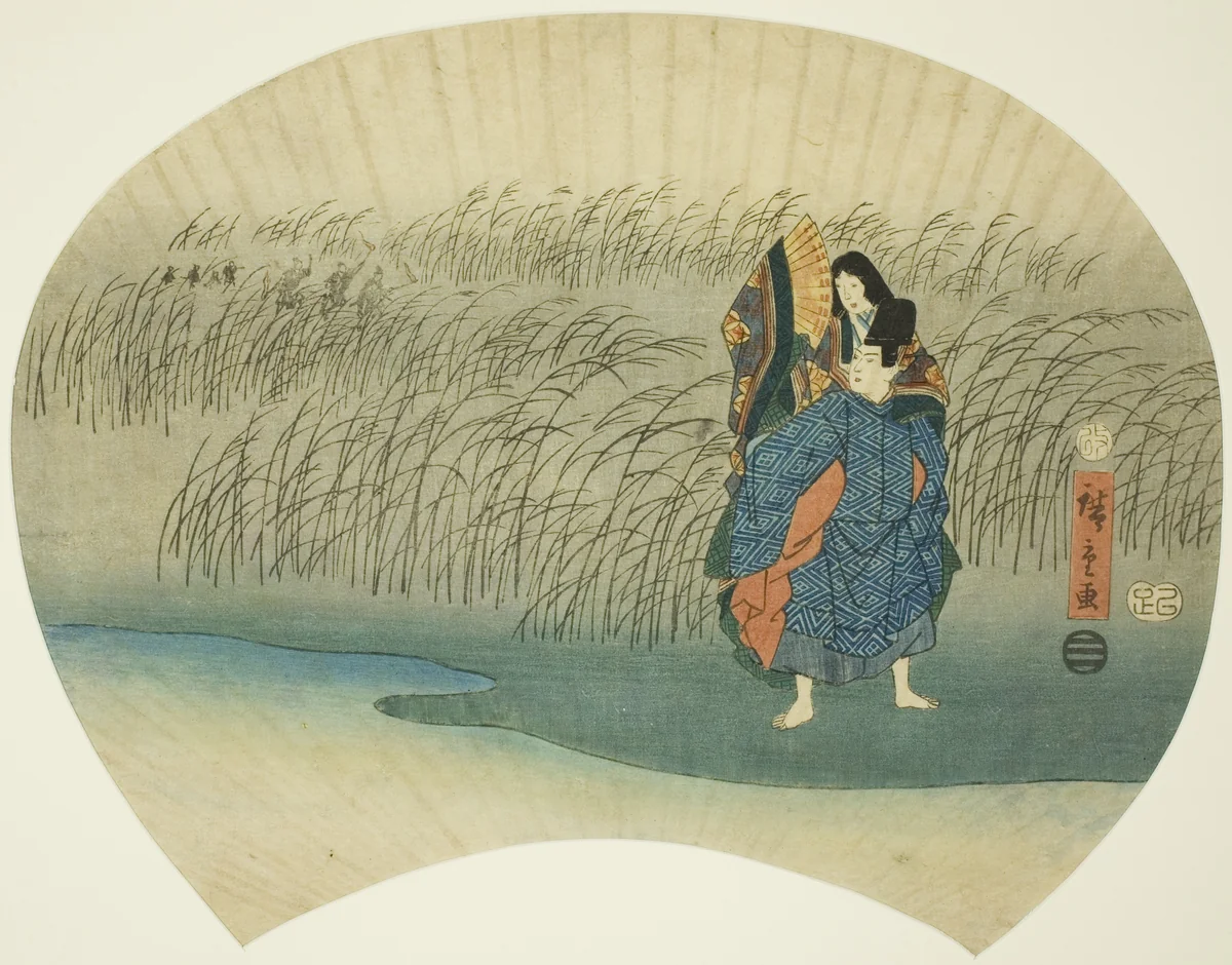 Couple eloping, from the Akutagawa episode in the Tales of Ise by Utagawa Hiroshige (歌川広重), print